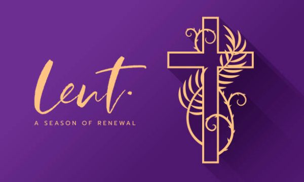 lent a season of renewal text and gold cross crucifix sign with spiny vine and plam leaves around on purple background vector design